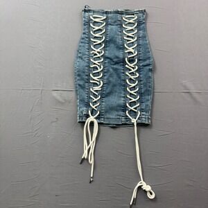 Blanc Clothing Lace Up Denim Mini Skirt High Waisted Blue Medium Wash Small